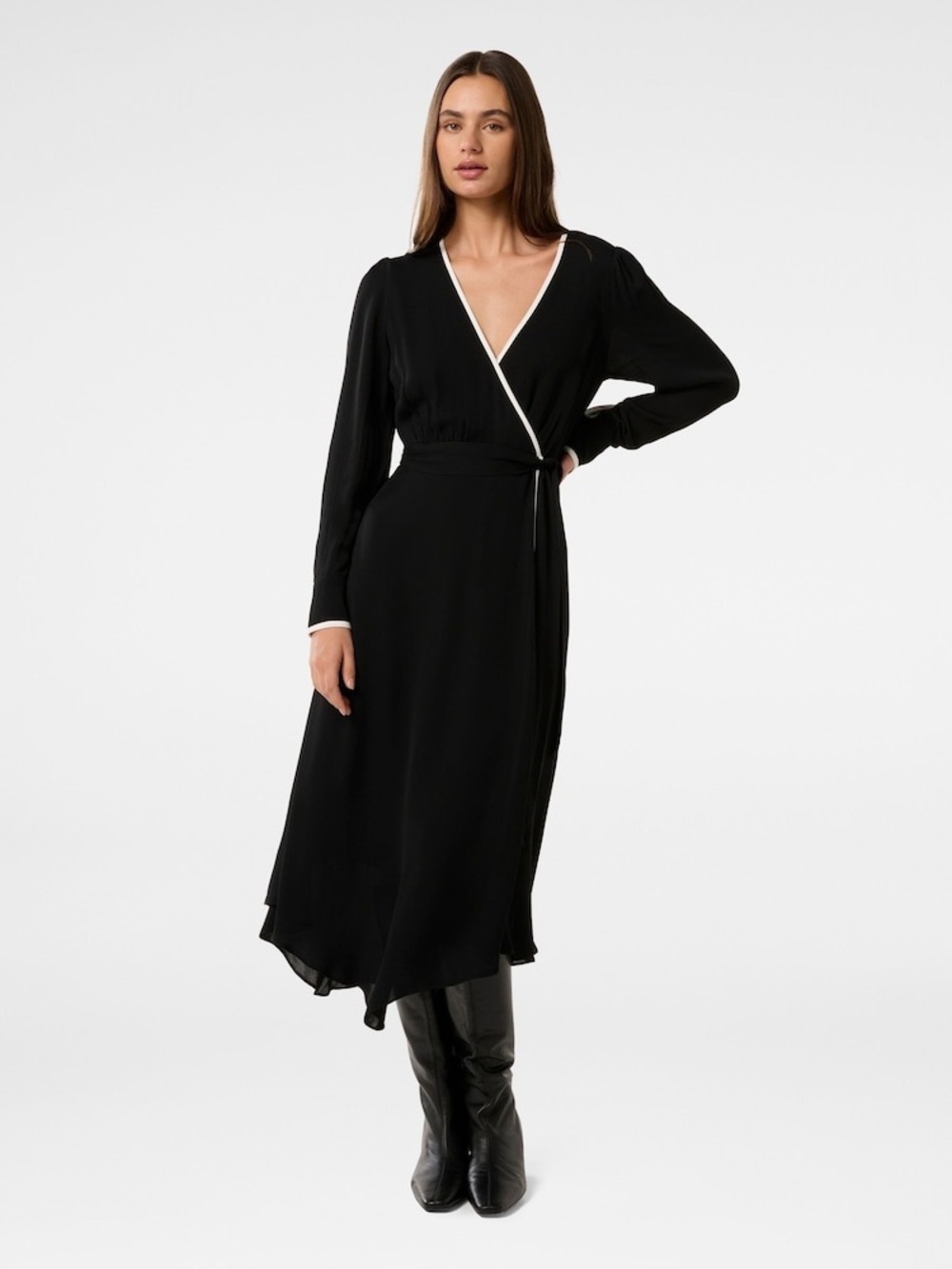 Ever New Amelie Contrast Trim Long Sleeve Wrap Midi Dress